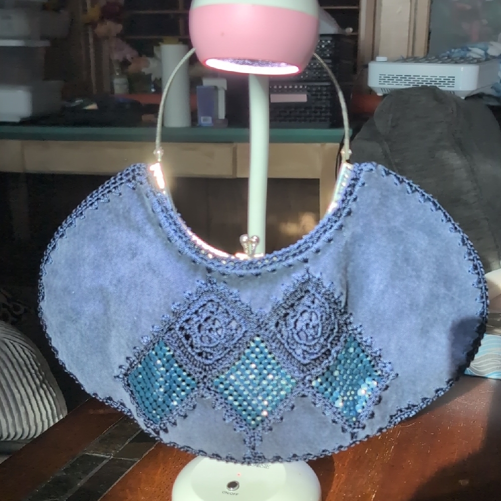 Vintage Blue Suede Crochet Kisslock Purse With Mesh Metal & Lace Accents